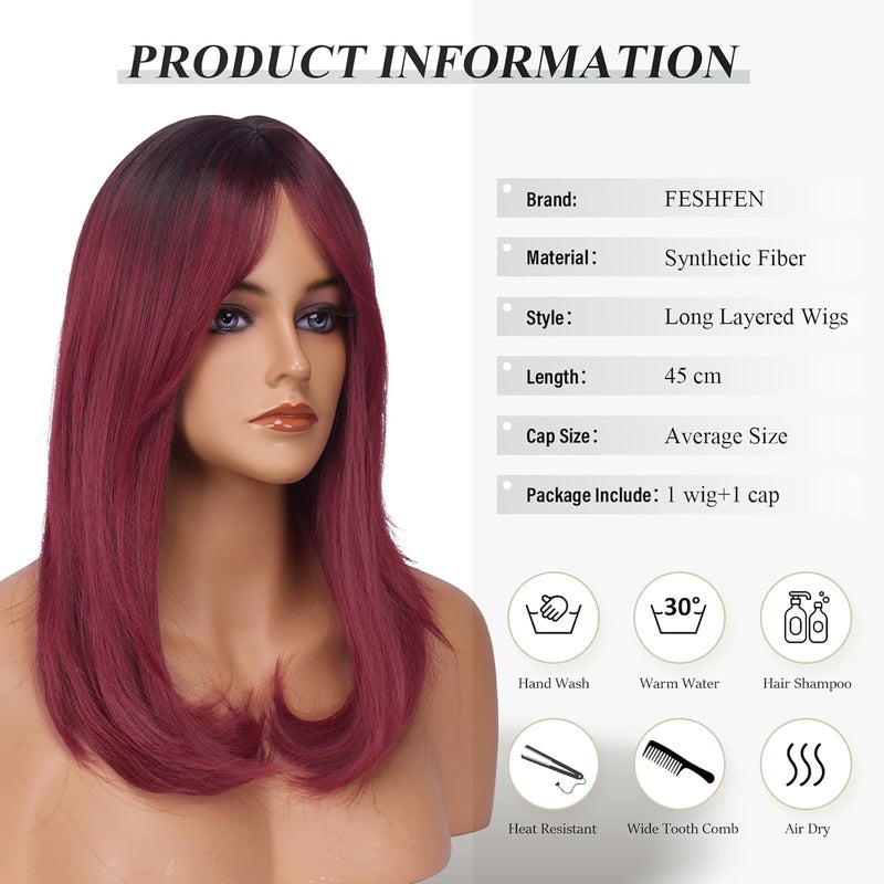 FESHFEN باروكات مع غرة للنساء، باروكة شعر صناعية طبيعية المظهر بلون أومبري أحمر نبيذي طويلة ومصففة بشكل طبقات للشعر المستقيم للنساء للاستخدام اليومي والحفلات، 18 بوصة - Image 5